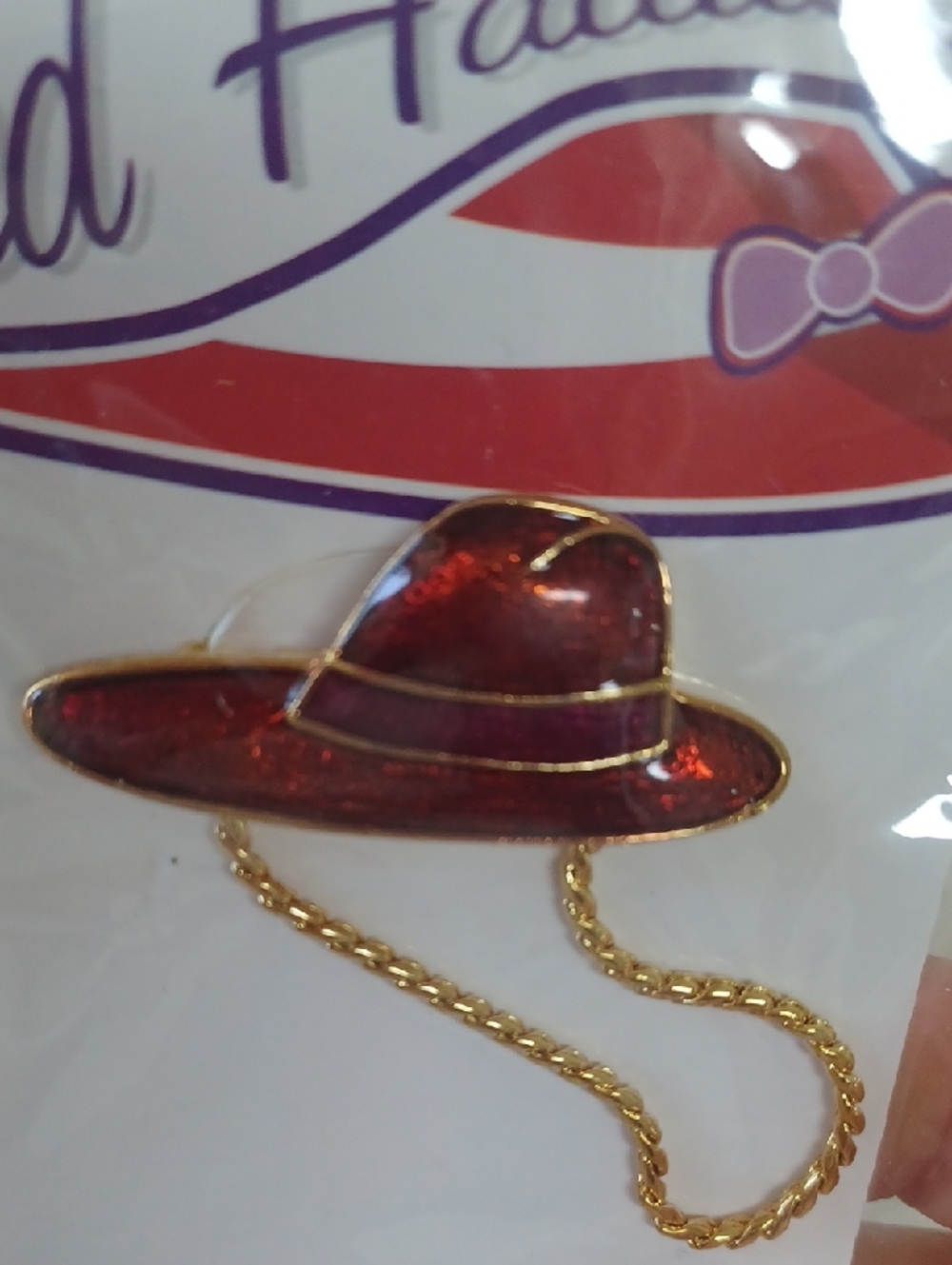 New Layered In 18K gold Red H'attitude Red Enamel Hat Eyeglass Holder Pin - Picture 7 of 9